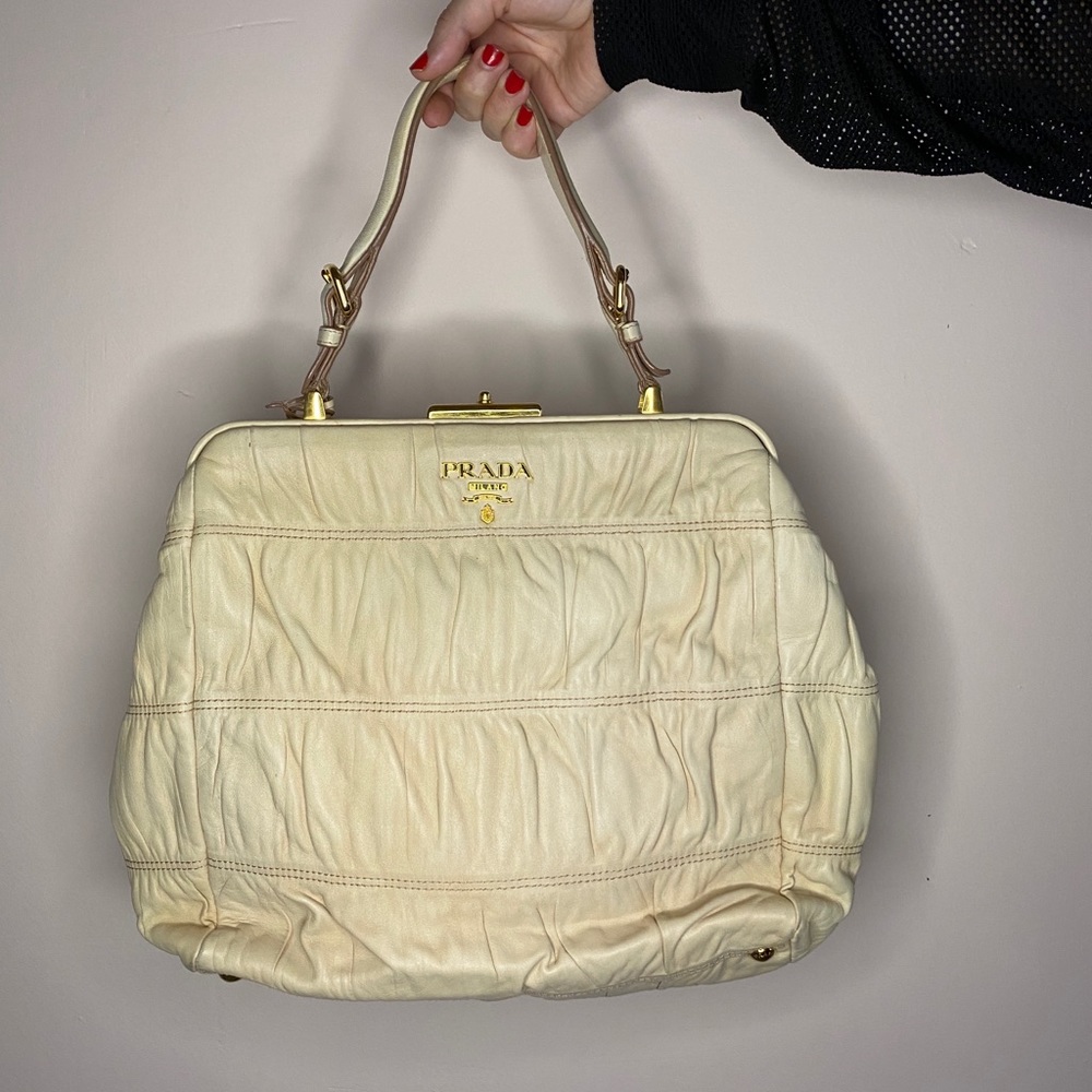 🔴SOLD🔴 Prada Beige Ruched Lambskin Dressy Gaufre Tote Bag
